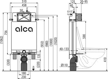 ALCA ALCAMODUL montážní prvek pro WC 106,2 cm, se splachovací nádržkou AM100/1000 Technický nákres