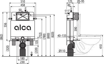 ALCA ALCAMODUL montážní prvek pro WC 86,2 cm, se splachovací nádržkou AM100/850 Technický nákres