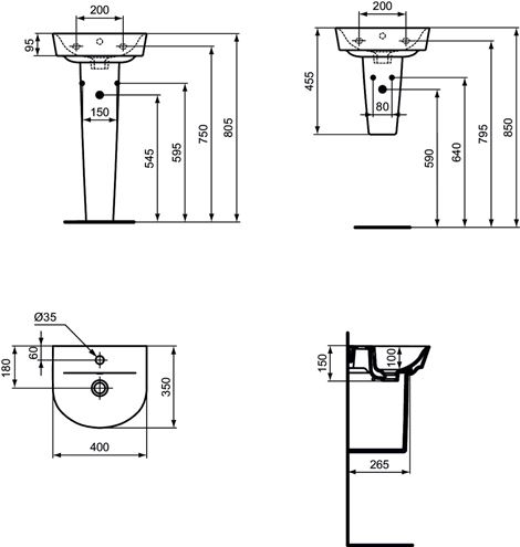 IDEAL STANDARD CONNECT AIR ARC umývátko 40 cm, s otvorem pro baterii a přepadem E070101 Technický nákres