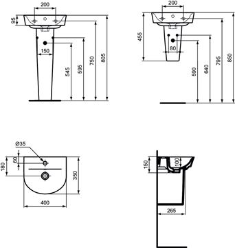 IDEAL STANDARD CONNECT AIR ARC umývátko 40 cm, s otvorem pro baterii a přepadem E070101 Technický nákres