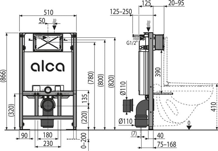 ALCA SÁDROMODUL montážní prvek pro WC 86,6 cm, se splachovací nádržkou AM101/850 Technický nákres