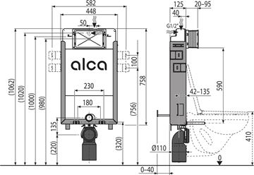 ALCA RENOVMODUL ECOLOGY montážní prvek pro WC 106 cm, se splachovací nádržkou AM115/1000E Technický nákres