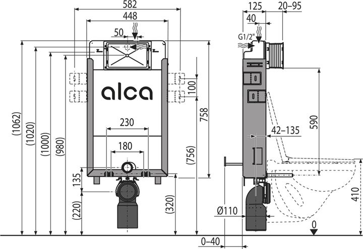 ALCA RENOVMODUL ECOLOGY montážní prvek pro WC 106 cm, se splachovací nádržkou AM115/1000E Technický nákres