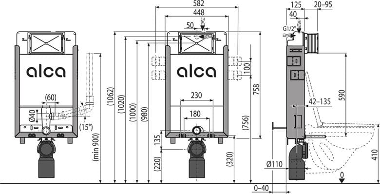 ALCA RENOVMODUL montážní prvek pro WC 106 cm, se splachovací nádržkou AM115/1000V Technický nákres