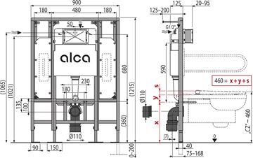ALCA SÁDROMODUL montážní prvek pro WC 121,5 cm, se splachovací nádržkou AM101/1300H Technický nákres