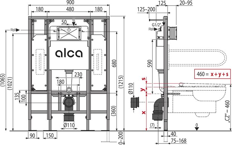 ALCA SÁDROMODUL montážní prvek pro WC 121,5 cm, se splachovací nádržkou AM101/1300H Technický nákres
