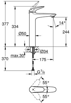 GROHE EUROSTYLE umyvadlová stojánková baterie, chrom 23719003 Technický nákres