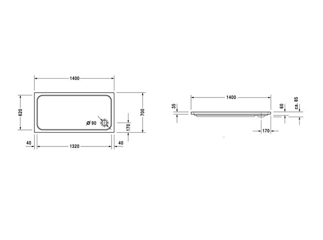 DURAVIT D-CODE sprchová vanička 140x70 cm, akrylát, bez nožiček 720095000000000 Technický nákres