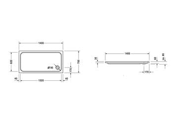DURAVIT D-CODE sprchová vanička 140x70 cm, akrylát, bez nožiček 720095000000000 Technický nákres