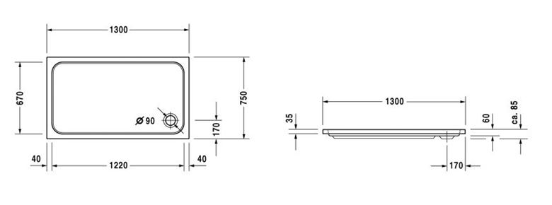 DURAVIT D-CODE sprchová vanička 130x75 cm, akrylát, bez nožiček 720098000000000 Technický nákres