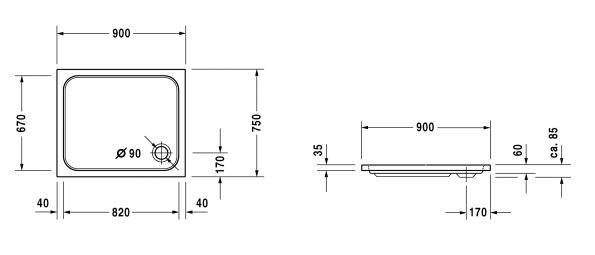DURAVIT D-CODE sprchová vanička 90x75 cm, akrylát, bez nožiček 720104000000000 Technický nákres