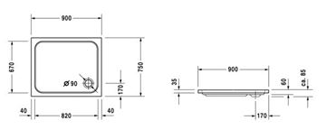 DURAVIT D-CODE sprchová vanička 90x75 cm, akrylát, bez nožiček 720104000000000 Technický nákres