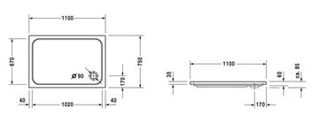 DURAVIT D-CODE sprchová vanička 110x75 cm, akrylát, bez nožiček 720097000000000 Technický nákres