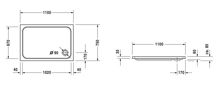 DURAVIT D-CODE sprchová vanička 110x75 cm, akrylát, bez nožiček 720097000000000 Technický nákres