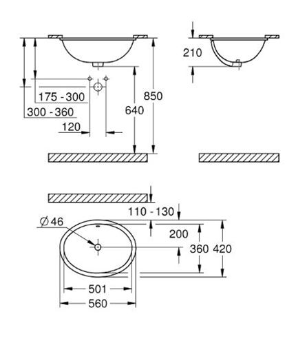 GROHE BAU CERAMIC umyvadlo 56 cm, s přepadem 39423000 Technický nákres