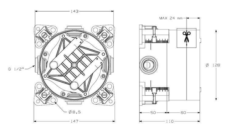 NDW SWISS BOX podomítkové těleso G 1/2 PM10156 Technický nákres