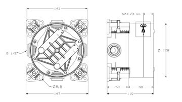 NDW SWISS BOX podomítkové těleso G 1/2 PM10156 Technický nákres