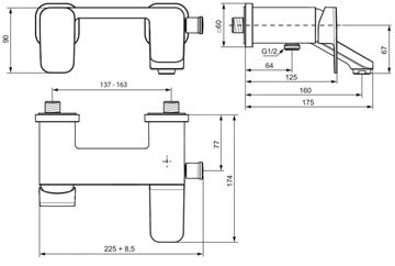 IDEAL STANDARD TONIC II vanová nástěnná baterie, s přepínačem, chrom A6338AA Technický nákres
