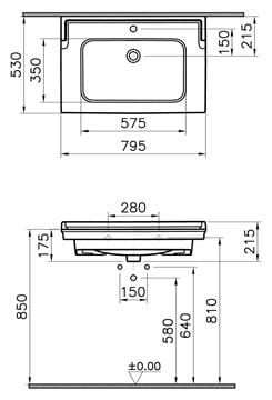 VITRA VALARTE VANITY umyvadlo 80 cm, s otvorem pro baterii a přepadem, VitrAhygiene 7802B003-0001 Technický nákres