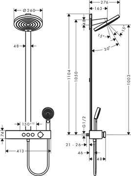 HANSGROHE PULSIFY S SHOWERPIPE 260 sprchový set s termostatickou baterií, horní sprcha, ruční sprcha se 3 proudy, tyč, hadice, EcoSmart, matná černá 24241670 Technický nákres