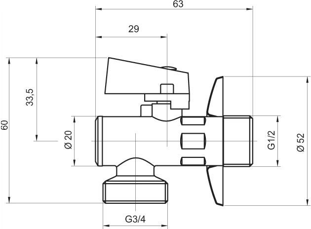 NOVASERVIS pračkový ventil 1/2"x3/4", chrom Z1234KF Technický nákres