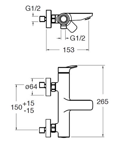 CRISTINA ELEVATION vanová nástěnná baterie, s přepínačem, chrom CRIEL10751 Technický nákres