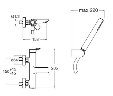 CRISTINA ELEVATION vanová nástěnná baterie, se sprchovou soupravou, s přepínačem, chrom CRIEL10151 Technický nákres