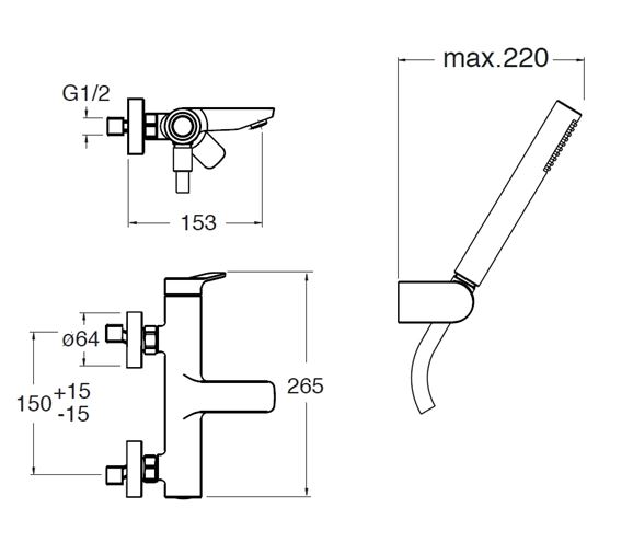 CRISTINA ELEVATION vanová nástěnná baterie, se sprchovou soupravou, s přepínačem, chrom CRIEL10151 Technický nákres