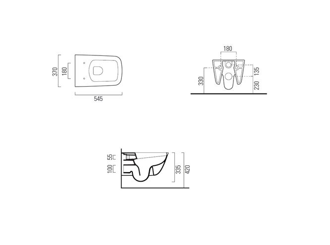 CONCEPT 300 závěsné WC, Rimless splachování, Cataglaze VSRCO300N Technický nákres