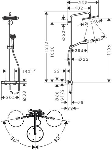 HANSGROHE CROMA SELECT S SHOWERPIPE 280 sprchový set s termostatickou baterií, horní sprcha, ruční sprcha se 2 proudy, tyč, hadice, matná bílá 26890700 Technický nákres