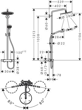 HANSGROHE CROMA SELECT S SHOWERPIPE 280 sprchový set s termostatickou baterií, horní sprcha, ruční sprcha se 2 proudy, tyč, hadice, matná bílá 26890700 Technický nákres