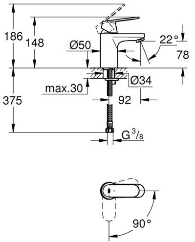 GROHE EUROSMART COSMOPOLITAN umyvadlová stojánková baterie, studený start, chrom 2337600E Technický nákres