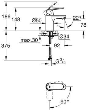 GROHE EUROSMART COSMOPOLITAN umyvadlová stojánková baterie, studený start, chrom 2337600E Technický nákres