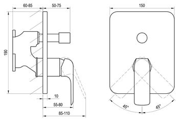 RAVAK FLAT FL 065.00 vanová podomítková baterie, s přepínačem, chrom X070123 Technický nákres