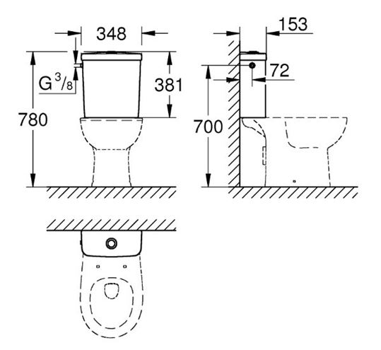 GROHE BAU CERAMIC WC kombi nádržka, boční přívod vody, alpská bílá 39437000 Technický nákres