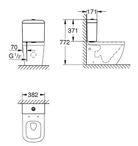 GROHE EURO CERAMIC WC kombi nádržka, spodní přívod vody, 2 množství splachování, alpská bílá 39332000 Technický nákres