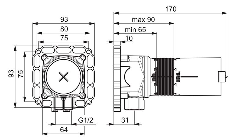 HANSA MATRIX podomítkové těleso DN15 44040100 Technický nákres