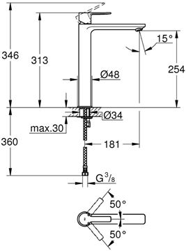 GROHE LINEARE umyvadlová stojánková baterie, chrom 23405001 Technický nákres