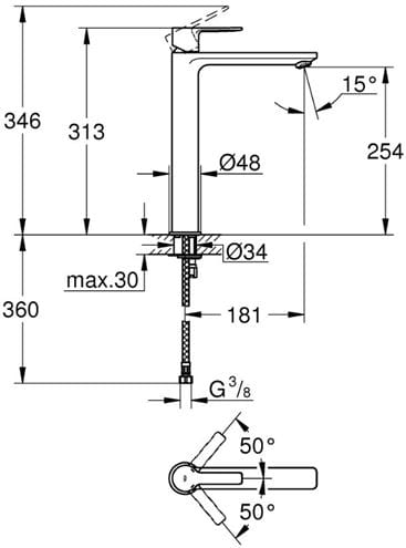 GROHE LINEARE umyvadlová stojánková baterie, chrom 23405001 Technický nákres