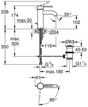 GROHE ESSENCE NEW umyvadlová stojáková baterie, s odtokovou soupravou, studený start, chrom 23591001 Technický nákres