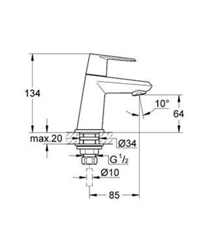 GROHE EURODISC COSMOPOLITAN umyvadlová stojánková baterie pro jednu vodu, chrom 23051002 Technický nákres
