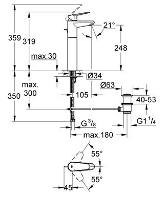 GROHE EURODISC COSMOPOLITAN umyvadlová stojánková baterie, s odtokovou soupravou, chrom 23055002 Technický nákres