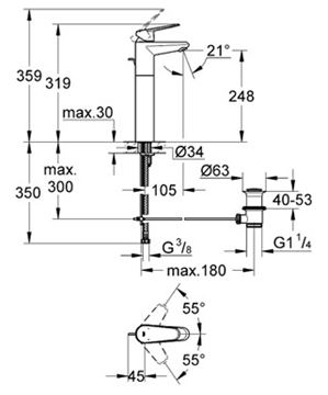 GROHE EURODISC COSMOPOLITAN umyvadlová stojánková baterie, s odtokovou soupravou, chrom 23055002 Technický nákres