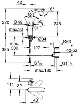 GROHE EUROSTYLE umyvadlová stojánková baterie, s odtokovou soupravou, chrom 23569003 Technický nákres
