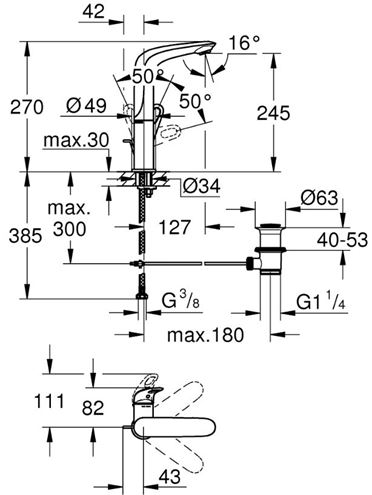 GROHE EUROSTYLE umyvadlová stojánková baterie, s odtokovou soupravou, chrom 23569003 Technický nákres