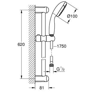 GROHE NEW TEMPESTA 100 sprchová souprava 3-dílná, ruční sprcha pr. 100 mm, 2 proudy, tyč, hadice, Water Saving, chrom 26803000 Technický nákres