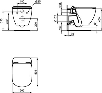 IDEAL STANDARD TESI závěsné WC, se SoftClosing sedátkem, AquaBlade splachování, černá T3546V3 Technický nákres