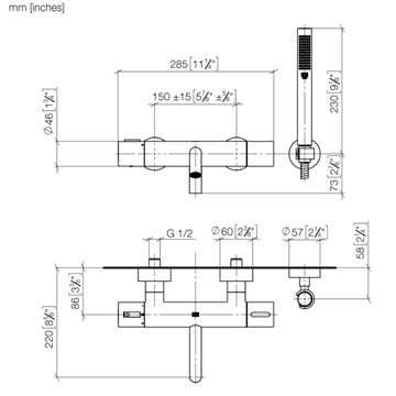 DORNBRACHT META vanová nástěnná termostatická baterie, s přepínačem, se sprchovou soupravou, matná černá 34 234 979-33 Technický nákres