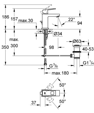 GROHE EUROCUBE umyvadlová stojánková baterie, s odtokovou soupravou, chrom 2312700E Technický nákres