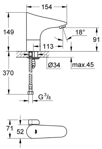 GROHE EUROPLUS E umyvadlová senzorová baterie s regulací vody, napájení z baterie, chrom 36207001 Technický nákres